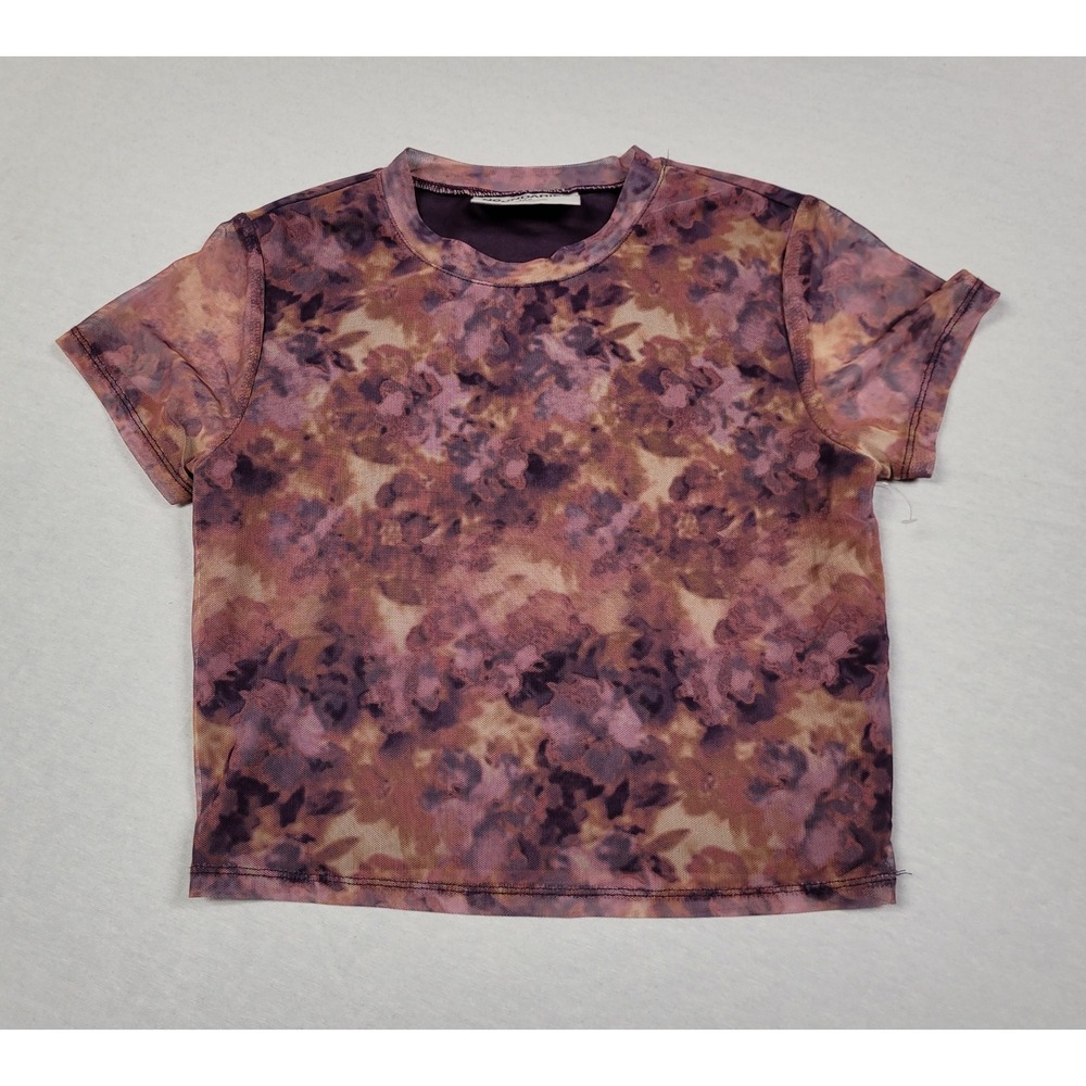 No Boundaries Women's Size S Mesh Crop Top Short Sleeve Purple Floral Sheer Tee